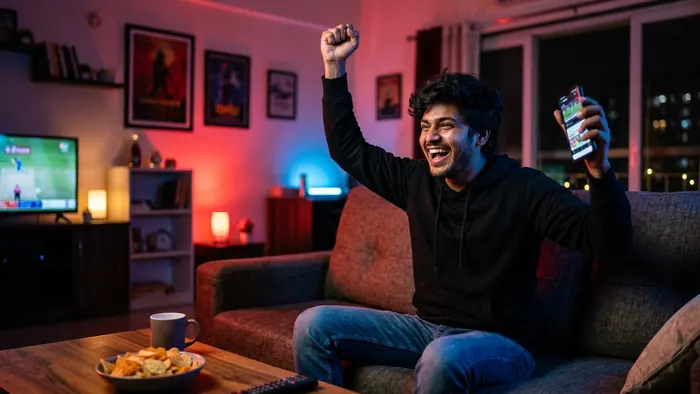 A Master Game player celebrating a win at home